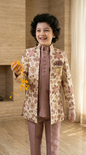 Ahhaaaa Boys 3-Piece Floral Zari Jacket, Sleeveless Kurta & Trouser Set - Blue, Pink, Turquoise