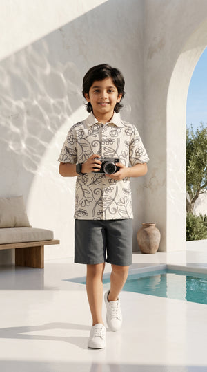 Ahhaaaa Boys 2-Piece Embroidered Floral Vine Co-ord Set - Brown, Green, Grey (2-12 Years)
