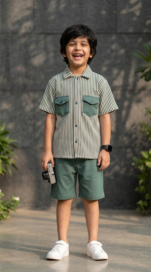 Ahhaaaa Boys 2-Piece Striped Textured Co-ord Set - Shirt & Shorts (Green, Pink, Grey)