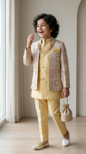 Ahhaaaa Boys' Royal Ethnic Printed Blazer with Sleeveless Kurta, Trouser & Maala Set (2-10 Years)