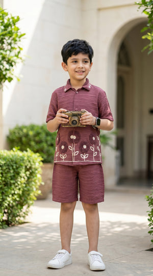 Ahhaaaa Boys Textured Co-ord Set with 3D Floral Embroidery - Shirt & Shorts (Brown, Green, Pink)