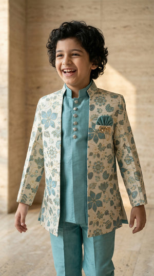 Ahhaaaa Boys 3-Piece Floral Zari Jacket, Sleeveless Kurta & Trouser Set - Blue, Pink, Turquoise