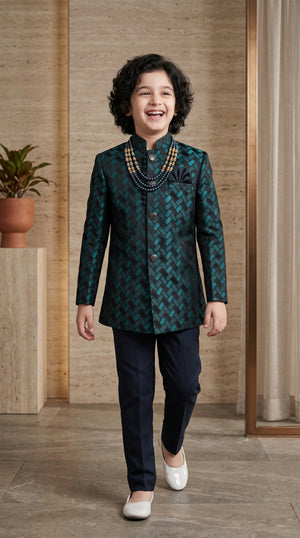 Ahhaaaa Boys Designer Basket-Weave Jodhpuri Suit Set - Wine, Green, Navy (2-11 Years)