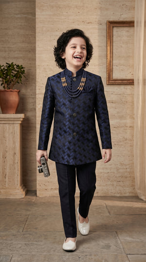 Ahhaaaa Boys Designer Basket-Weave Jodhpuri Suit Set - Wine, Green, Navy (2-11 Years)