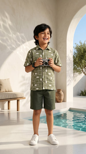 Ahhaaaa Boys 2-Piece Geometric Line-Art Co-ord Set - Brown, Green, Grey (2-12 Years)
