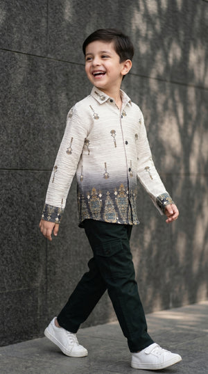 Ahhaaaa Boys Textured Ombre Drop Motif Shirt & Cargo Pant Set - Brown, Green, Pink (2-8 Years)
