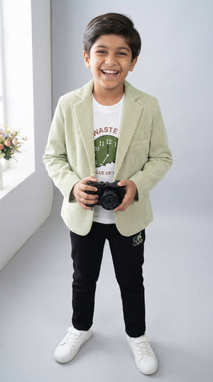 Ahhaaaa Boys' Luxury Japani Silk Striped Indo-Western Blazer & Trouser Set (Ages 2-8Y)