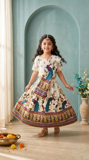 Ahhaaaa Girls' Peacock Kalamkari Print Chaniya Choli | Festive Lehenga Blouse & Draped Dupatta 3-Piece Set