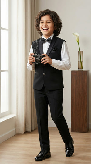 Ahhaaaa Boys' Black Party Wear Tuxedo Suit | Waistcoat, White Shirt & Pant Set