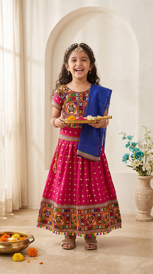 Ahhaaaa Girls' Traditional Dandiya Print Chaniya Choli | Festive Lehenga Blouse & Draped Dupatta 3-Piece Set