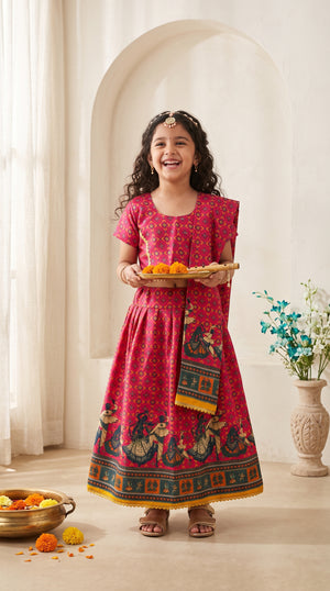 Ahhaaaa Girls' Traditional Dandiya Print Chaniya Choli | Festive Lehenga Blouse & Draped Dupatta 3-Piece Set