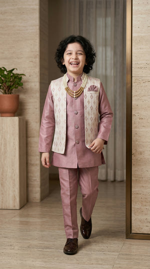 Ahhaaaa Boys 2-Piece Attached Jacket & Kurta Set with Diamond Motifs