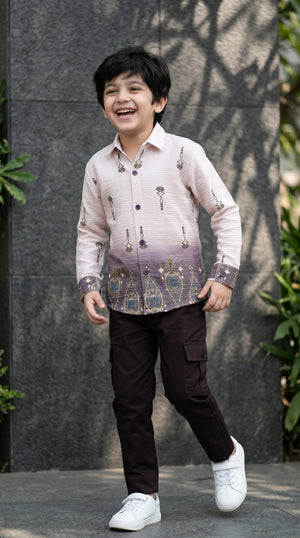 Ahhaaaa Boys Textured Ombre Drop Motif Shirt & Cargo Pant Set - Brown, Green, Pink (2-8 Years)