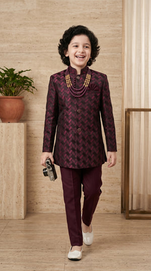 Ahhaaaa Boys Designer Basket-Weave Jodhpuri Suit Set - Wine, Green, Navy (2-11 Years)