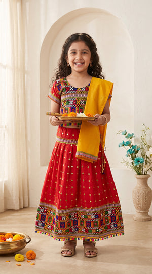 Ahhaaaa Girls' Traditional Dandiya Print Chaniya Choli | Festive Lehenga Blouse & Draped Dupatta 3-Piece Set