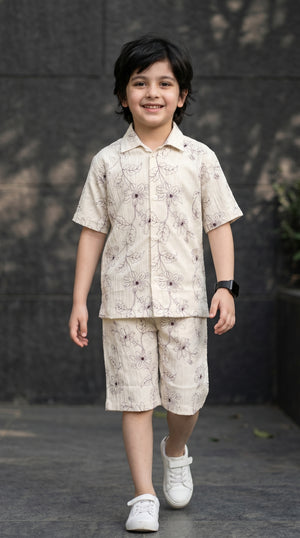 Ahhaaaa Boys 2-Piece Botanical Line-Art Co-ord Set - Shirt & Shorts (Green, Grey, Purple)