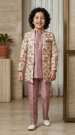 Ahhaaaa Boys 3-Piece Floral Zari Jacket, Sleeveless Kurta & Trouser Set - Blue, Pink, Turquoise