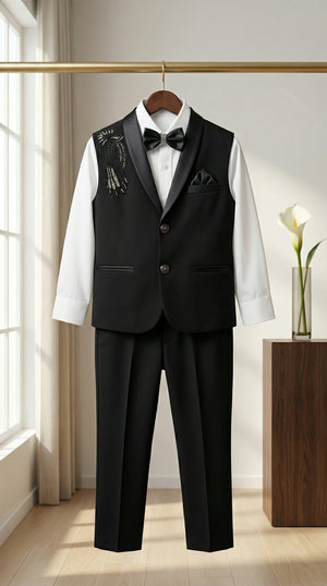 Ahhaaaa Boys' Black Party Wear Tuxedo Suit | Waistcoat, White Shirt & Pant Set