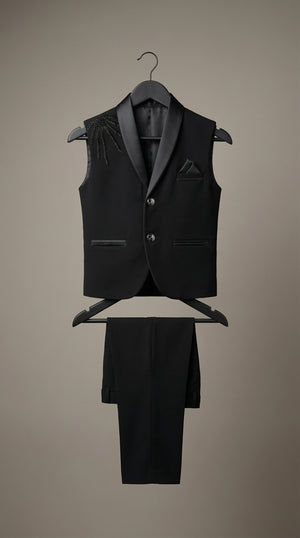 Ahhaaaa Boys Luxury Black Japani Silk Tuxedo Suit with Shoulder Embroidery (2-8 Years)