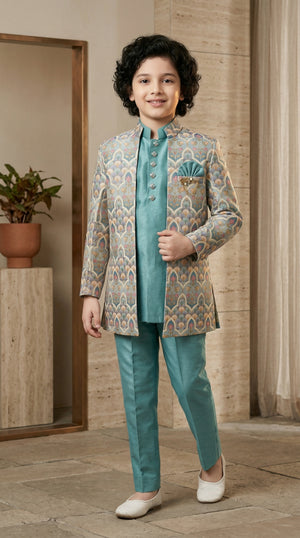 Ahhaaaa Boys Designer Indo-Western Jacket Set with Brooch & Jeweled Buttons (2-11 Years)