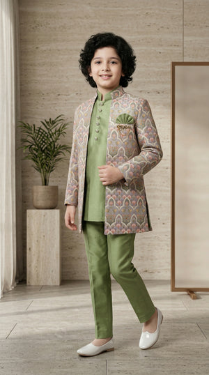 Ahhaaaa Boys Designer Indo-Western Jacket Set with Brooch & Jeweled Buttons (2-11 Years)