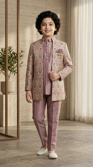 Ahhaaaa Boys Designer Indo-Western Jacket Set with Brooch & Jeweled Buttons (2-11 Years)
