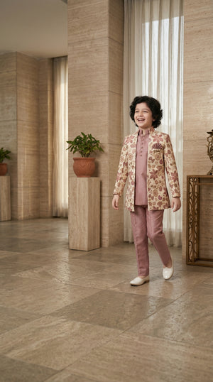 Ahhaaaa Boys 3-Piece Floral Zari Jacket, Sleeveless Kurta & Trouser Set - Blue, Pink, Turquoise