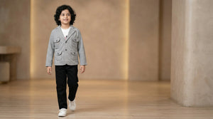 Ahhaaaa Boys' Japani Silk Indo-Western Safari Suit Set (Beige and Grey)