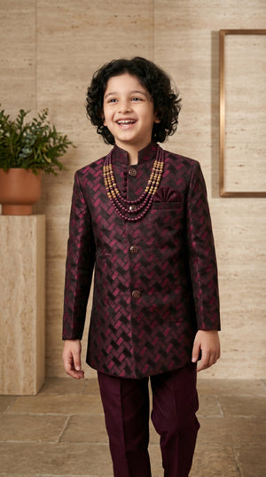 Ahhaaaa Boys Designer Basket-Weave Jodhpuri Suit Set - Wine, Green, Navy (2-11 Years)