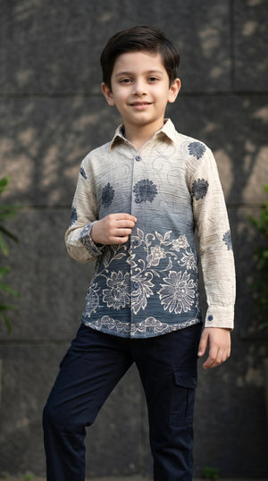 Ahhaaaa Boys Designer Textured Ombre Floral Shirt & Cargo Pant Set - Blue, Grey, Purple (2-8 Years)
