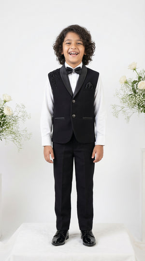 Ahhaaaa Boys Luxury Black Japani Silk Tuxedo Suit with Shoulder Embroidery (2-8 Years)