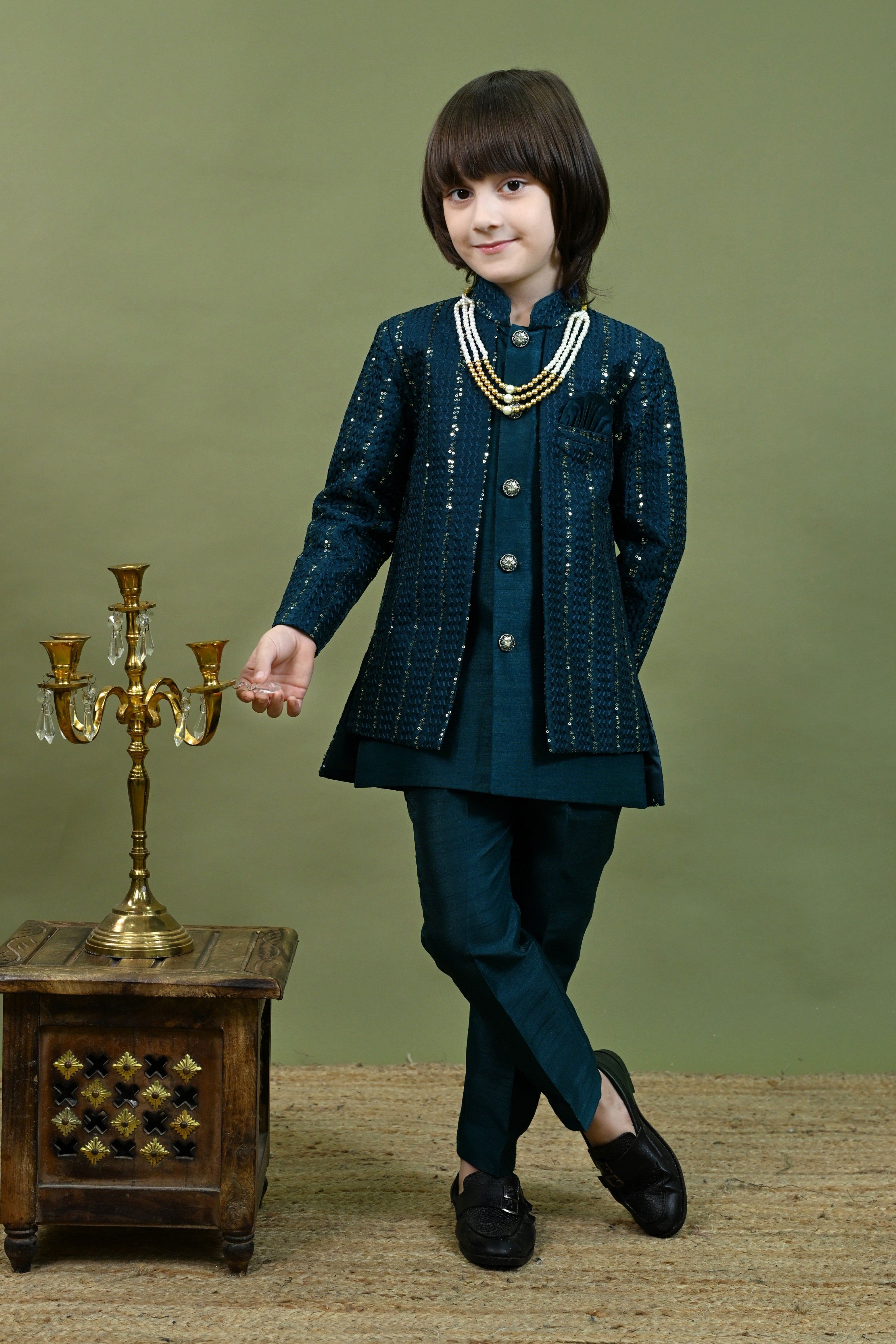 Ahhaaaa Boys Kurta Set with Attached Sequin Jacket for Wedding and Festivals