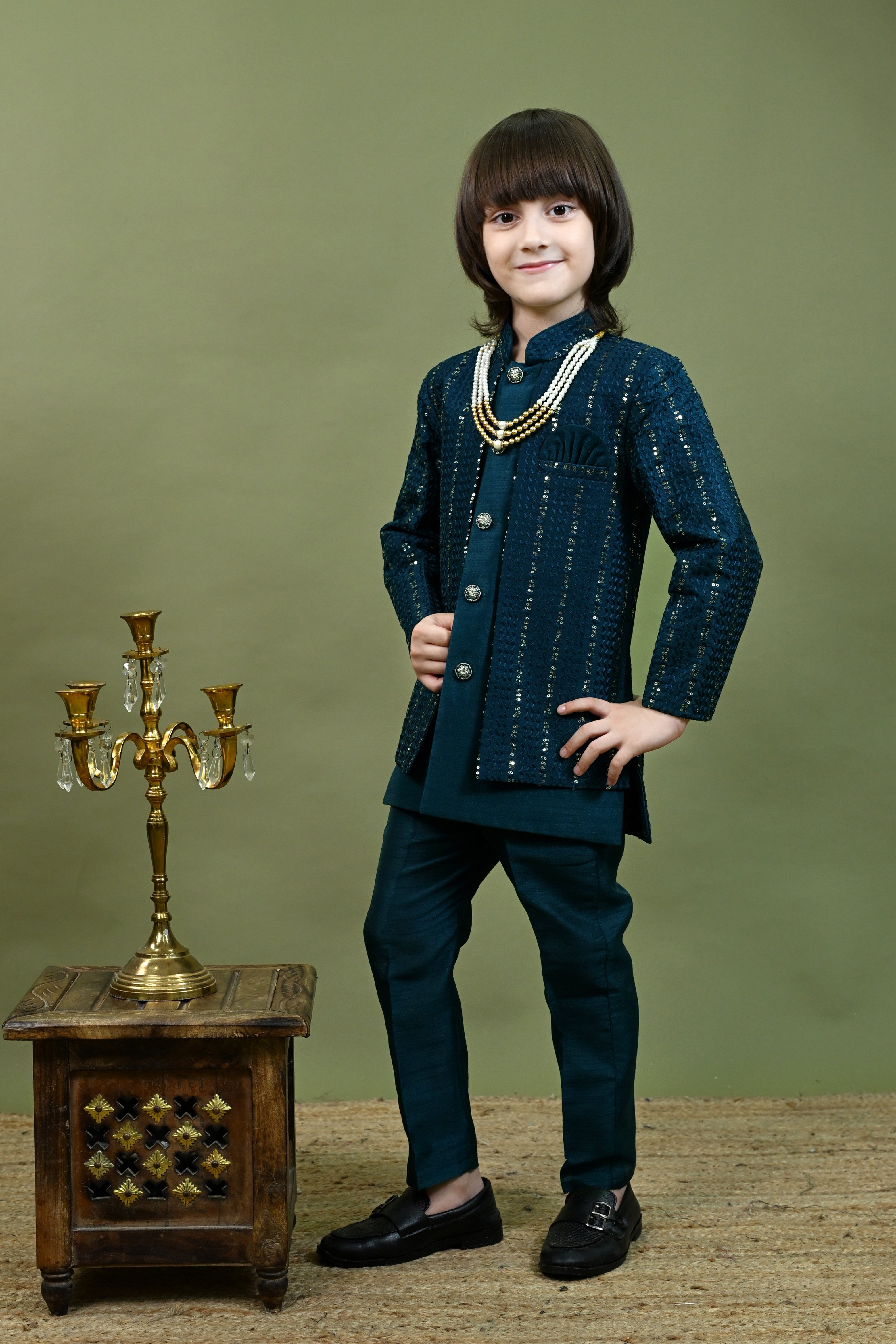 Ahhaaaa Boys Kurta Set with Attached Sequin Jacket for Wedding and Festivals Blue