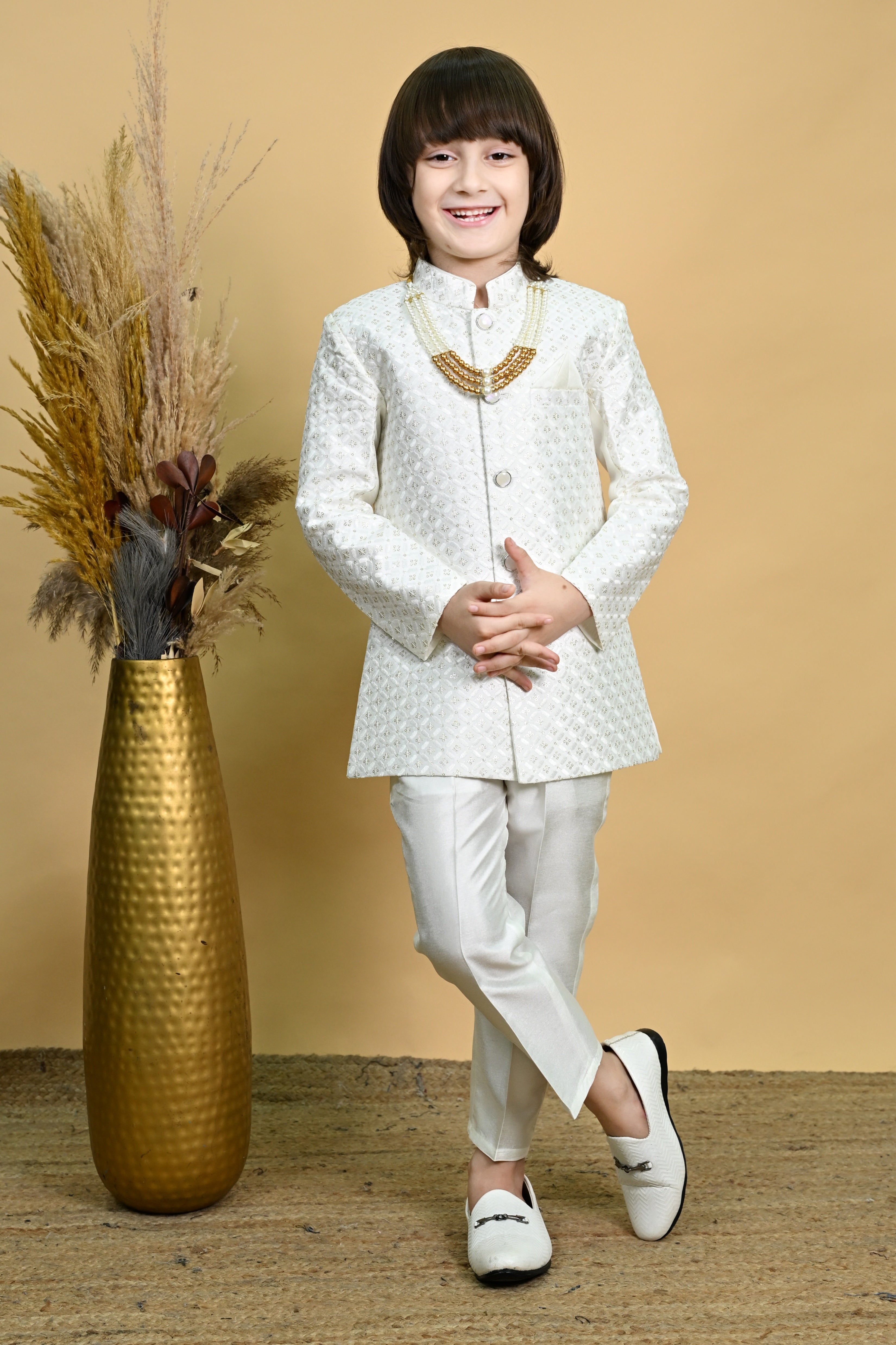 Boys Jacquard Sherwani Set Pink White Indo-Western Kids Kurta