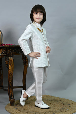 Ahhaaaa Boys' Jodhpuri Bandhgala Suit Set with Mala | Kids Jacquard Weave Ethnic Wedding Dress