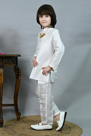 Ahhaaaa Boys' Jodhpuri Bandhgala Suit Set with Mala | Kids Jacquard Weave Ethnic Wedding Dress