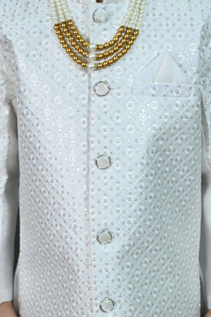 Ahhaaaa Boys' Jodhpuri Bandhgala Suit Set with Mala | Kids Jacquard Weave Ethnic Wedding Dress