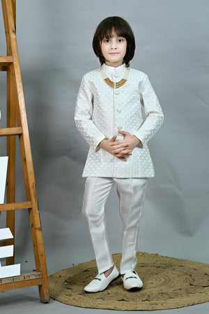 Ahhaaaa Boys' Woven Jacquard Jodhpuri Bandhgala Suit Set with Pearl Mala | Kids Indo-Western Ethnic Festive Dress White