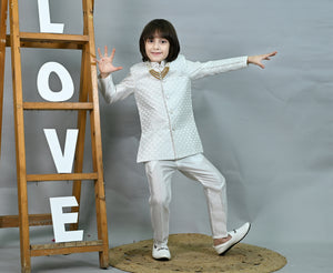 Ahhaaaa Boys' Woven Jacquard Jodhpuri Bandhgala Suit Set with Pearl Mala | Kids Indo-Western Ethnic Festive Dress