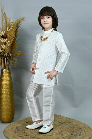 Ahhaaaa Boys' Woven Jacquard Jodhpuri Bandhgala Suit Set with Pearl Mala | Kids Indo-Western Ethnic Festive Dress