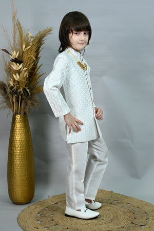 Ahhaaaa Boys' Woven Jacquard Jodhpuri Bandhgala Suit Set with Pearl Mala | Kids Indo-Western Ethnic Festive Dress