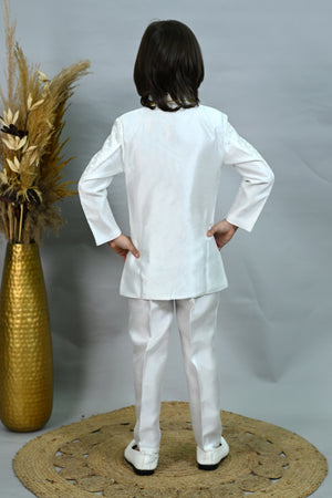 Ahhaaaa Boys' Woven Jacquard Jodhpuri Bandhgala Suit Set with Pearl Mala | Kids Indo-Western Ethnic Festive Dress