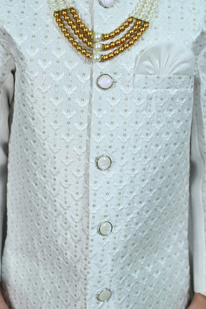 Ahhaaaa Boys' Woven Jacquard Jodhpuri Bandhgala Suit Set with Pearl Mala | Kids Indo-Western Ethnic Festive Dress