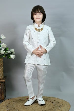 Ahhaaaa Boys' Sequin Embroidered Jodhpuri Bandhgala Suit Set with Pearl Mala | Kids Indo-Western Ethnic Festive & Wedding Dress White