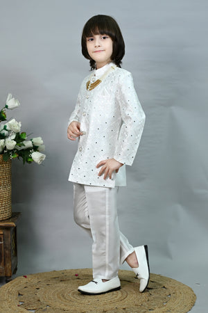 Ahhaaaa Boys' Sequin Embroidered Jodhpuri Bandhgala Suit Set with Pearl Mala | Kids Indo-Western Ethnic Festive & Wedding Dress