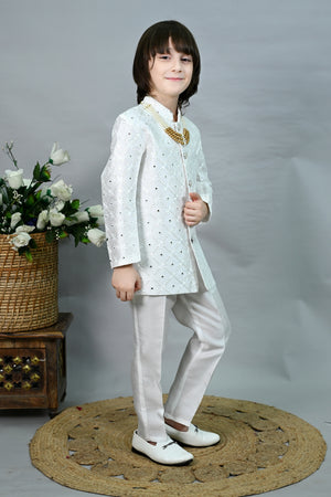 Ahhaaaa Boys' Sequin Embroidered Jodhpuri Bandhgala Suit Set with Pearl Mala | Kids Indo-Western Ethnic Festive & Wedding Dress