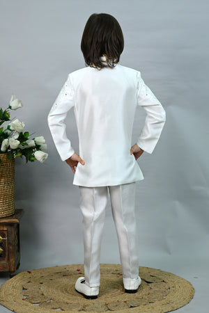 Ahhaaaa Boys' Sequin Embroidered Jodhpuri Bandhgala Suit Set with Pearl Mala | Kids Indo-Western Ethnic Festive & Wedding Dress