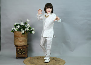 Ahhaaaa Boys' Sequin Embroidered Jodhpuri Bandhgala Suit Set with Pearl Mala | Kids Indo-Western Ethnic Festive & Wedding Dress