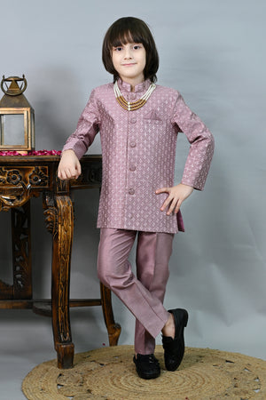 Ahhaaaa Boys' Jodhpuri Bandhgala Suit Set with Mala | Kids Jacquard Weave Ethnic Wedding Dress Pink