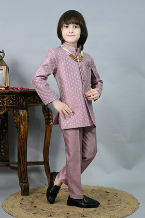 Ahhaaaa Boys' Jodhpuri Bandhgala Suit Set with Mala | Kids Jacquard Weave Ethnic Wedding Dress